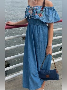 Denimland Embroidered Chambray Off Shoulder Maxi Dress Blue M